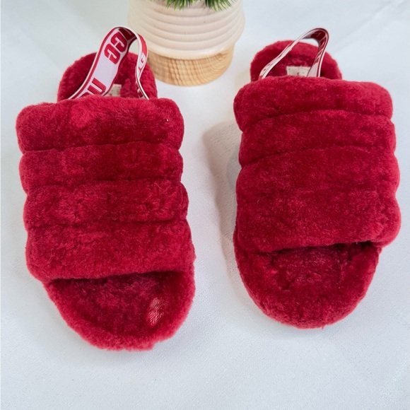 UGG Fluff Yeah Slide Fuzzy Slipper Ribbon Red Size 8 Sheepskin - Picture 3 of 7